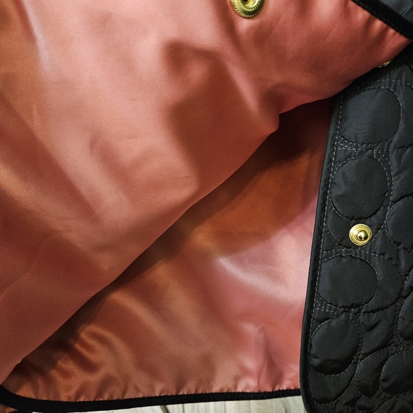 Coach Black Quilted Logo C Jacket Coat Button Front Pink Lining - Picture 7 of 12